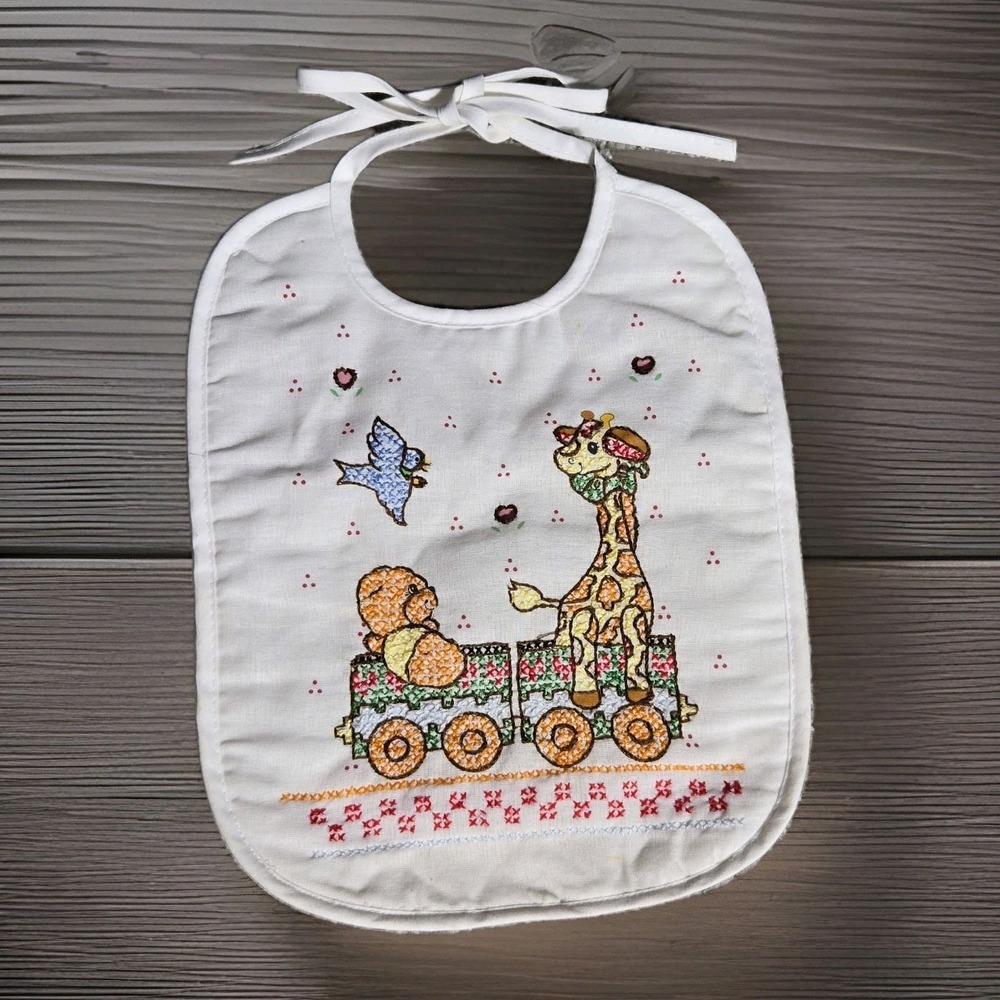 Bucilla Once Upon a Time Cross-stitch Baby Infant Feeding‎ Bib Giraffe Bear Tie